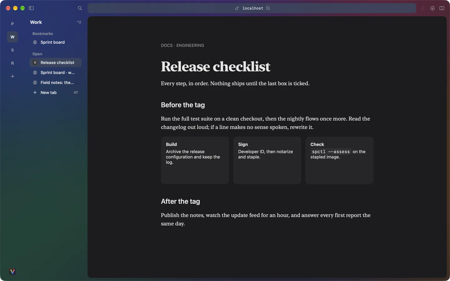 Verso's window on a colourful desktop: the Work Space with its tabs in the sidebar and a page on the white sheet. A screenshot of the pre-alpha.